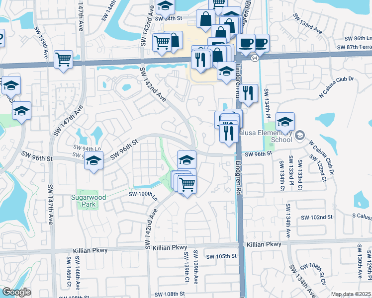 map of restaurants, bars, coffee shops, grocery stores, and more near 14217 Southwest 96th Terrace in Miami
