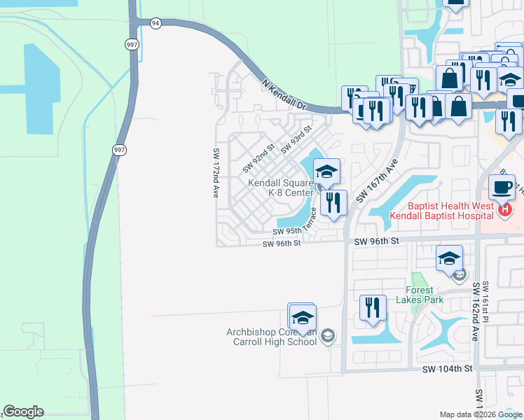 map of restaurants, bars, coffee shops, grocery stores, and more near 9423 Southwest 170th Place in Miami