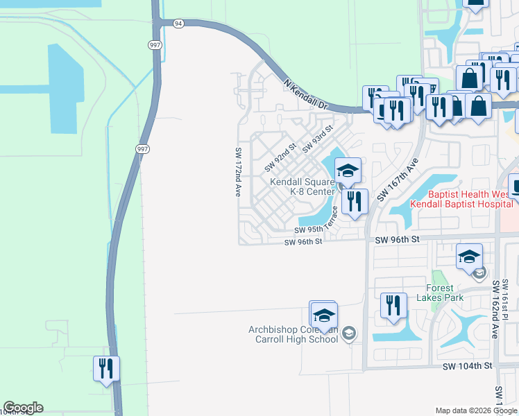 map of restaurants, bars, coffee shops, grocery stores, and more near 9322 Southwest 171st Avenue in Miami