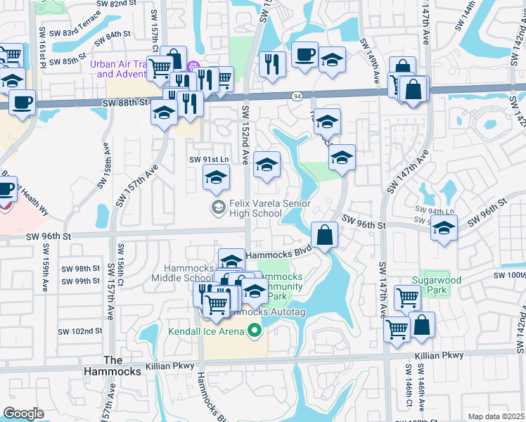 map of restaurants, bars, coffee shops, grocery stores, and more near 15166 Southwest 94th Terrace in Miami