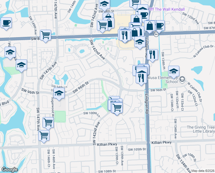 map of restaurants, bars, coffee shops, grocery stores, and more near 14271 Southwest 97th Terrace in Miami