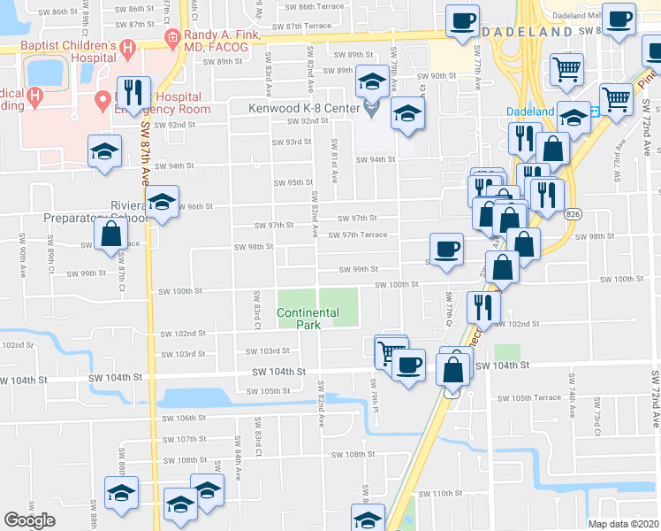 map of restaurants, bars, coffee shops, grocery stores, and more near 8100 Southwest 98th Terrace in Miami