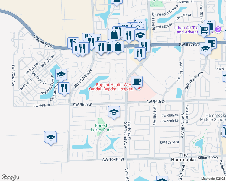 map of restaurants, bars, coffee shops, grocery stores, and more near 9362 Southwest 163rd Court in Miami