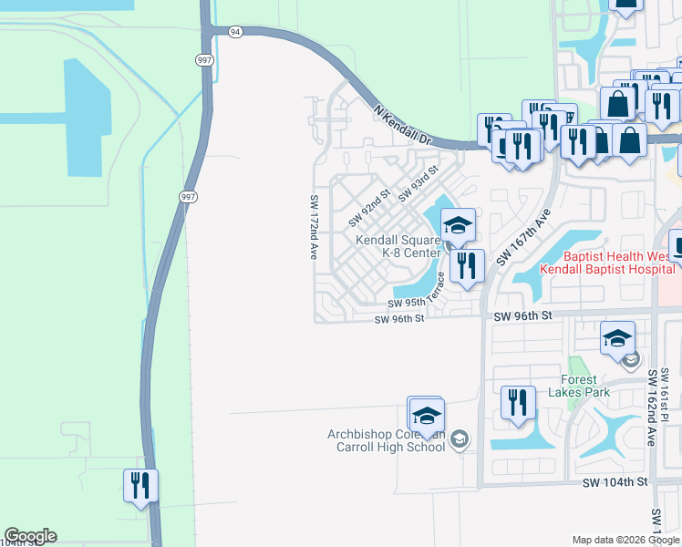 map of restaurants, bars, coffee shops, grocery stores, and more near 9322 Southwest 171st Avenue in Miami