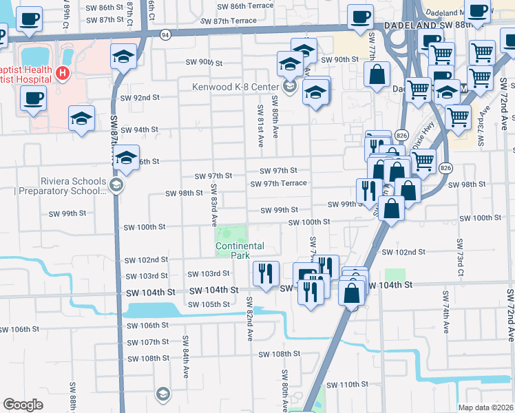 map of restaurants, bars, coffee shops, grocery stores, and more near 8100 Southwest 98th Terrace in Miami