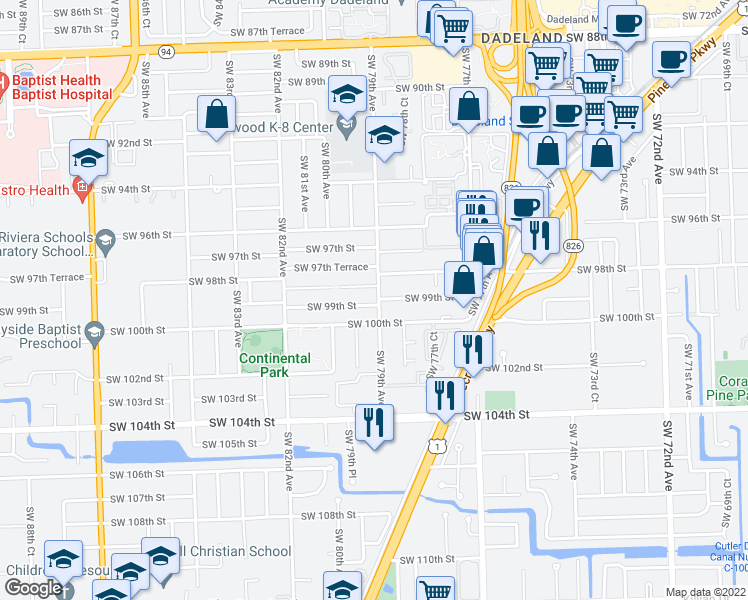 map of restaurants, bars, coffee shops, grocery stores, and more near 7901 Southwest 99th Street in Miami
