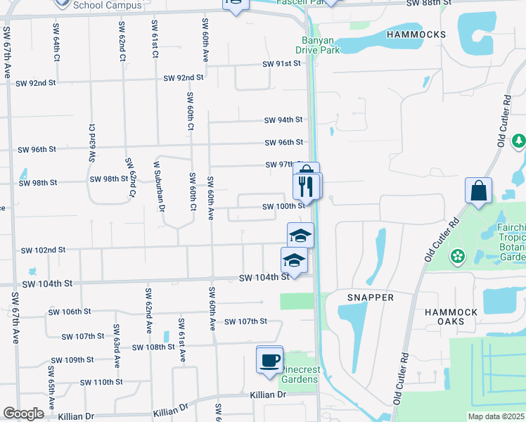 map of restaurants, bars, coffee shops, grocery stores, and more near 5830 Southwest 100th Street in Pinecrest