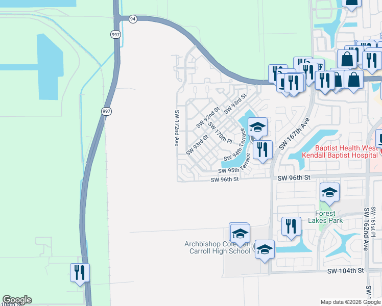 map of restaurants, bars, coffee shops, grocery stores, and more near 9322 Southwest 171st Avenue in Miami