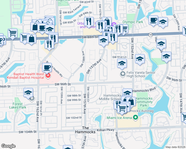 map of restaurants, bars, coffee shops, grocery stores, and more near 15553 Southwest 95th Street in Miami