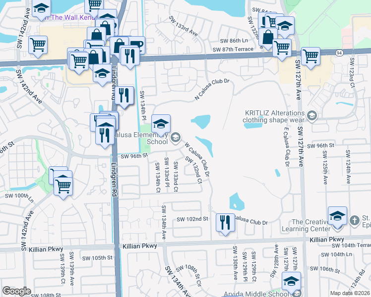 map of restaurants, bars, coffee shops, grocery stores, and more near 9600 West Calusa Club Drive in Miami