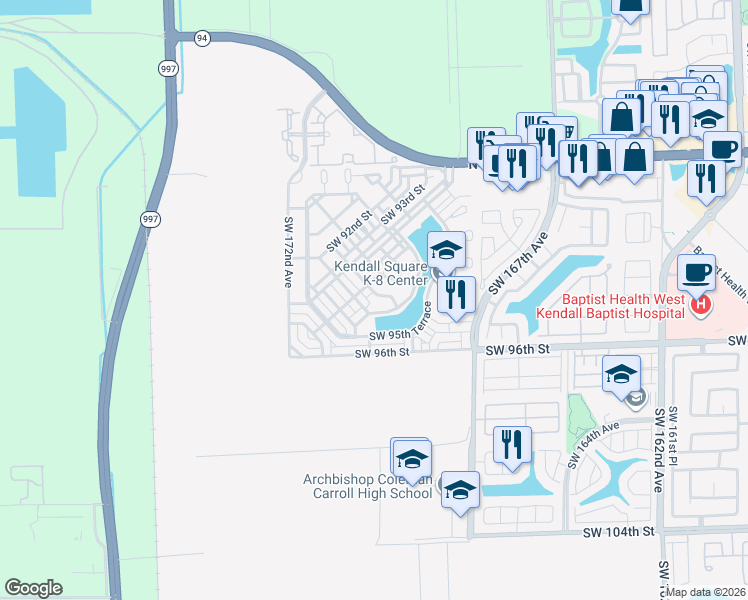 map of restaurants, bars, coffee shops, grocery stores, and more near 9440 Southwest 170th Path in Miami