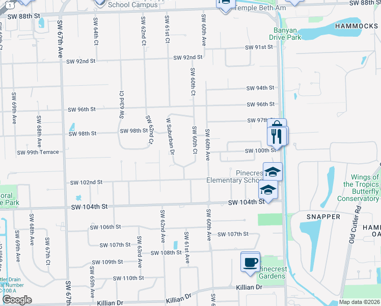 map of restaurants, bars, coffee shops, grocery stores, and more near 9940 Southwest 60th Court in Pinecrest