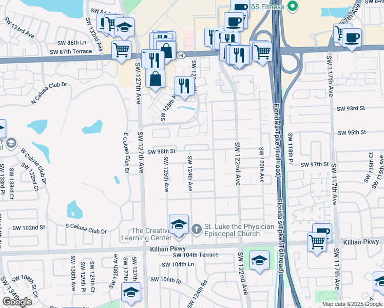 map of restaurants, bars, coffee shops, grocery stores, and more near 12340 Southwest 96th Street in Miami