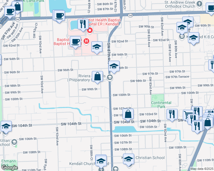 map of restaurants, bars, coffee shops, grocery stores, and more near 9810 SW 87th Ave in Miami