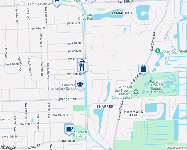 map of restaurants, bars, coffee shops, grocery stores, and more near 10005 Snapper Creek Road in Coral Gables