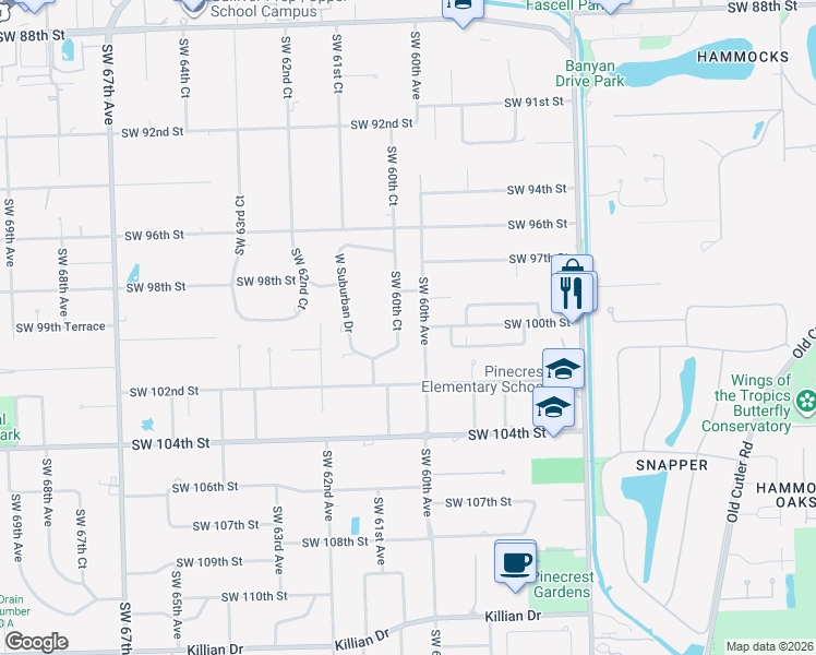 map of restaurants, bars, coffee shops, grocery stores, and more near 9940 Southwest 60th Court in Pinecrest