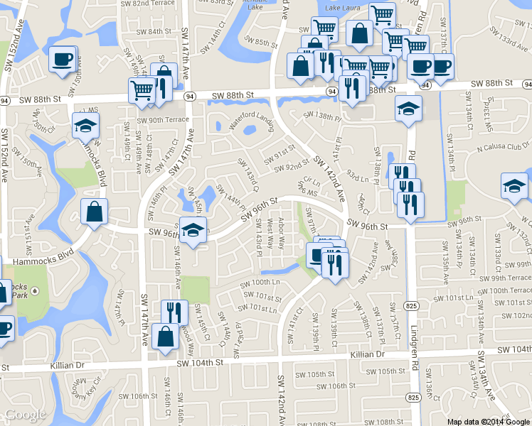 map of restaurants, bars, coffee shops, grocery stores, and more near 14378 Southwest 96th Terrace in Miami