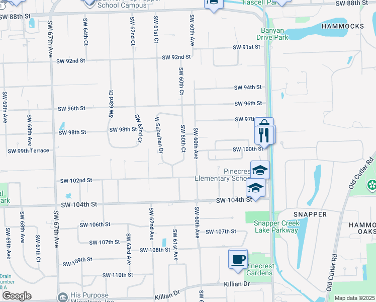 map of restaurants, bars, coffee shops, grocery stores, and more near 9940 Southwest 60th Court in Pinecrest