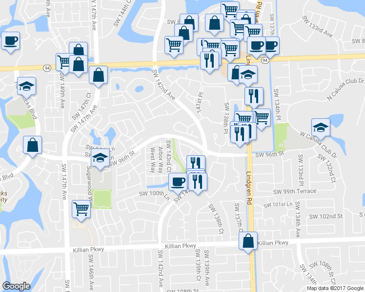 map of restaurants, bars, coffee shops, grocery stores, and more near 14271 Southwest 97th Terrace in Miami