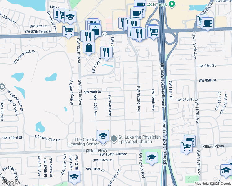 map of restaurants, bars, coffee shops, grocery stores, and more near 12340 Southwest 96th Street in Miami