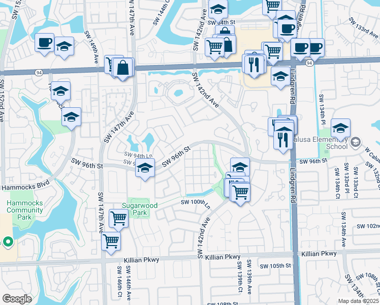 map of restaurants, bars, coffee shops, grocery stores, and more near 14378 Southwest 96th Terrace in Miami