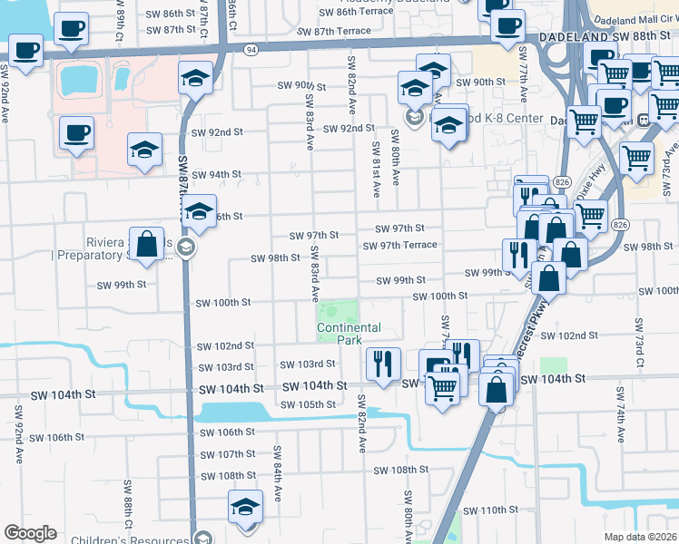map of restaurants, bars, coffee shops, grocery stores, and more near 8235 Southwest 99th Street in Miami