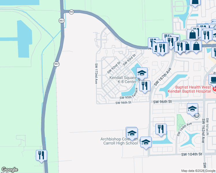 map of restaurants, bars, coffee shops, grocery stores, and more near 9322 Southwest 171st Avenue in Miami