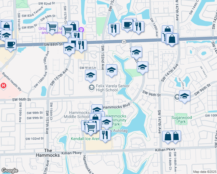 map of restaurants, bars, coffee shops, grocery stores, and more near 15166 Southwest 94th Terrace in Miami