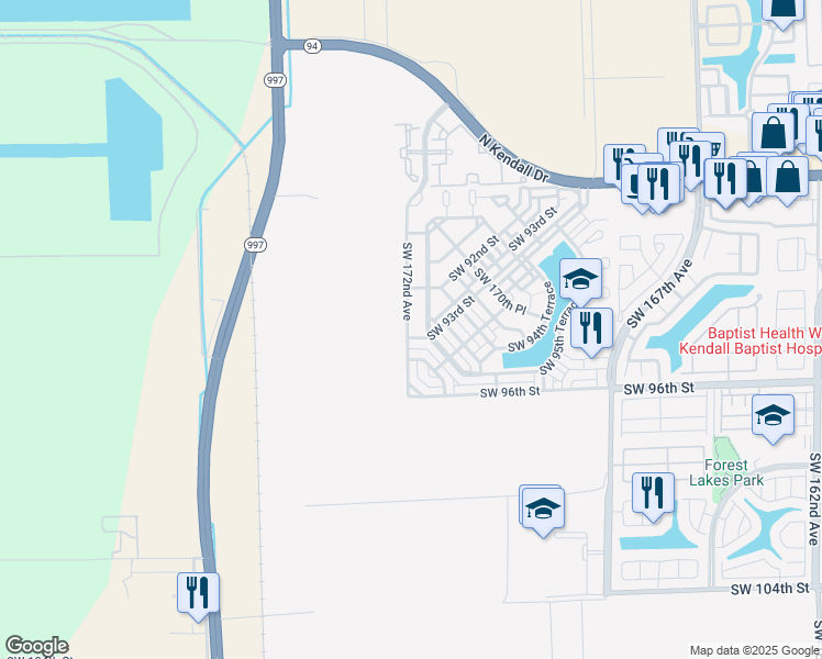 map of restaurants, bars, coffee shops, grocery stores, and more near 9283 Southwest 172nd Avenue in Miami