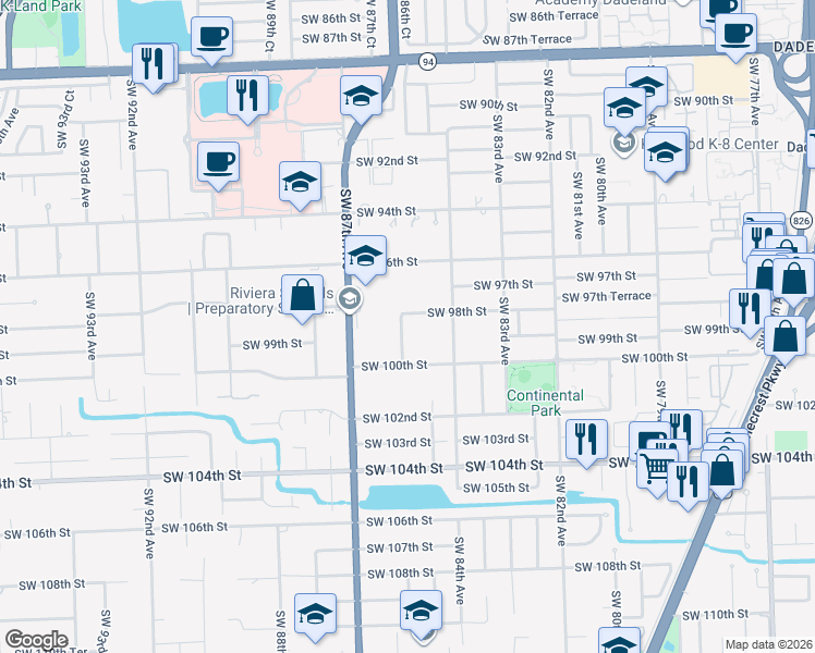 map of restaurants, bars, coffee shops, grocery stores, and more near 8450 Southwest 98th Street in Miami