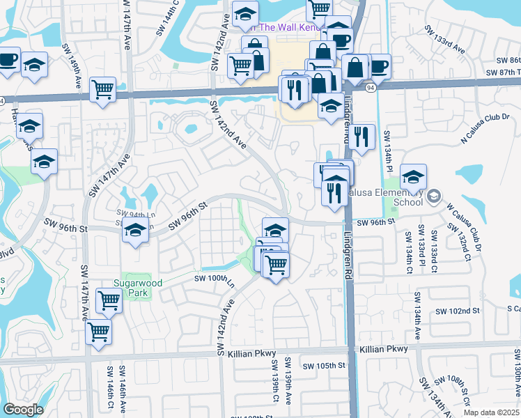 map of restaurants, bars, coffee shops, grocery stores, and more near 14271 Southwest 97th Terrace in Miami