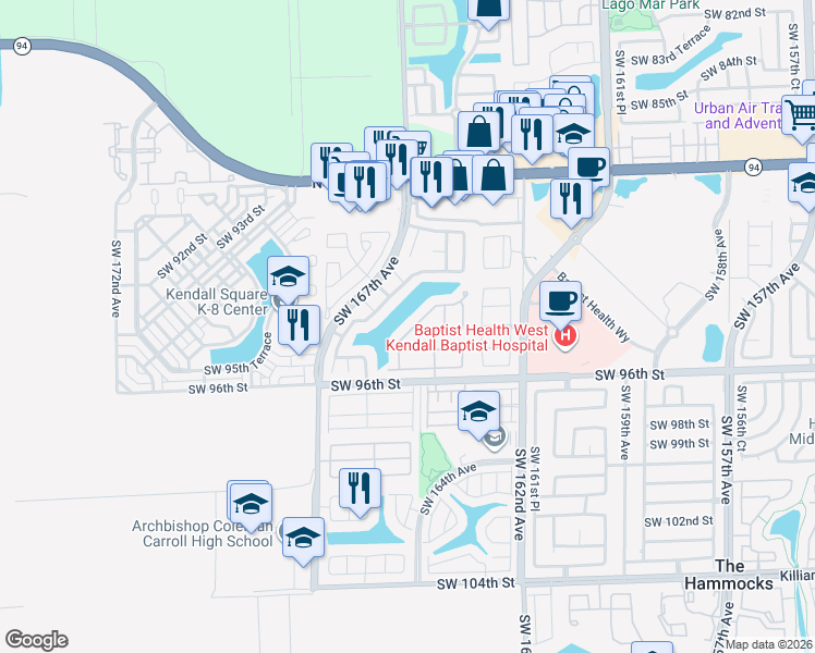map of restaurants, bars, coffee shops, grocery stores, and more near 16421 Southwest 94th Street in Miami