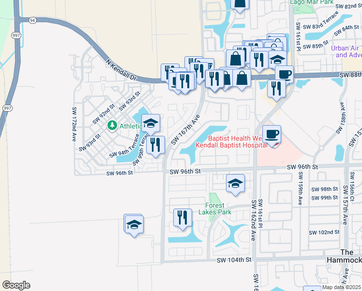 map of restaurants, bars, coffee shops, grocery stores, and more near 9364 Southwest 166th Court in Miami