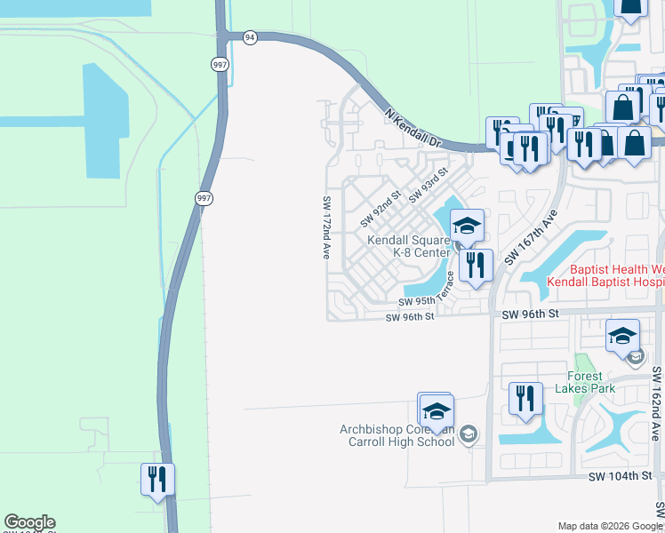 map of restaurants, bars, coffee shops, grocery stores, and more near 9283 Southwest 172nd Avenue in Miami