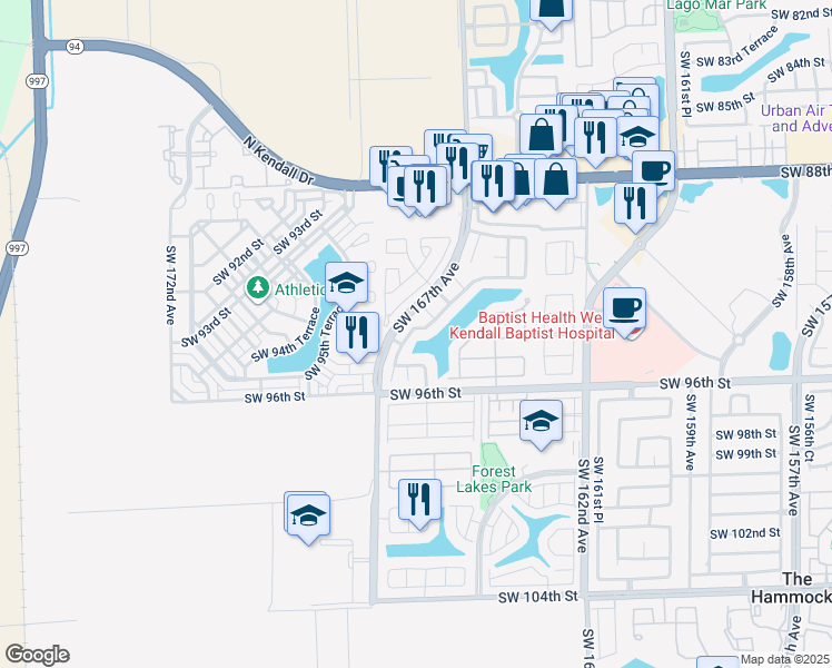 map of restaurants, bars, coffee shops, grocery stores, and more near 9364 Southwest 166th Court in Miami