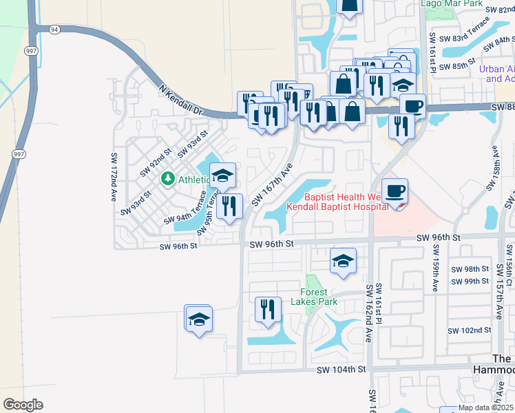 map of restaurants, bars, coffee shops, grocery stores, and more near 9364 Southwest 166th Court in Miami