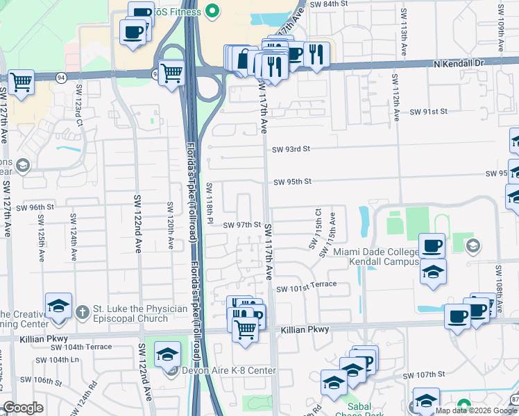 map of restaurants, bars, coffee shops, grocery stores, and more near 9612 Southwest 117th Avenue in Miami