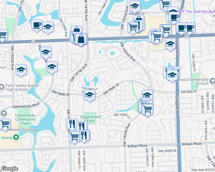 map of restaurants, bars, coffee shops, grocery stores, and more near 14451 Southwest 95th Lane in Miami