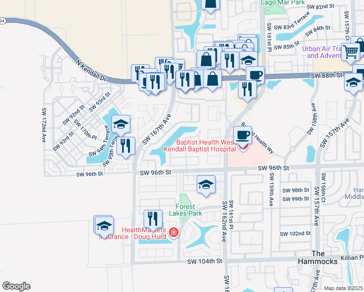 map of restaurants, bars, coffee shops, grocery stores, and more near 16421 Southwest 94th Street in Miami