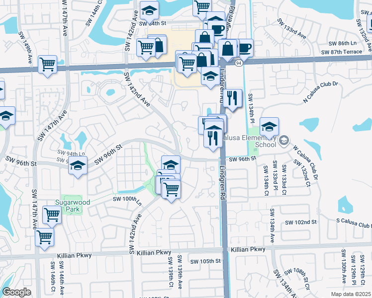 map of restaurants, bars, coffee shops, grocery stores, and more near 9526 Southwest 140th Court in Miami