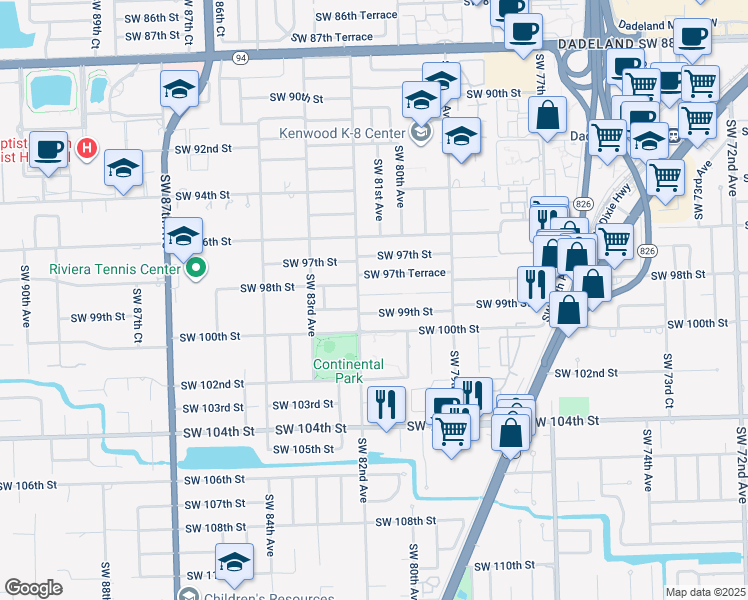 map of restaurants, bars, coffee shops, grocery stores, and more near 8100 Southwest 98th Terrace in Miami