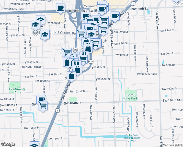 map of restaurants, bars, coffee shops, grocery stores, and more near 7385 Southwest 99th Street in Miami