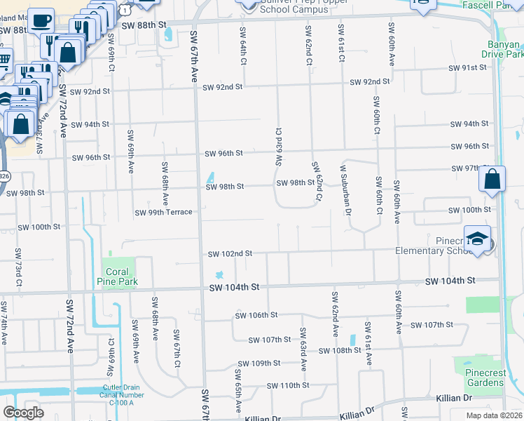 map of restaurants, bars, coffee shops, grocery stores, and more near 6401 Southwest 100th Street in Miami