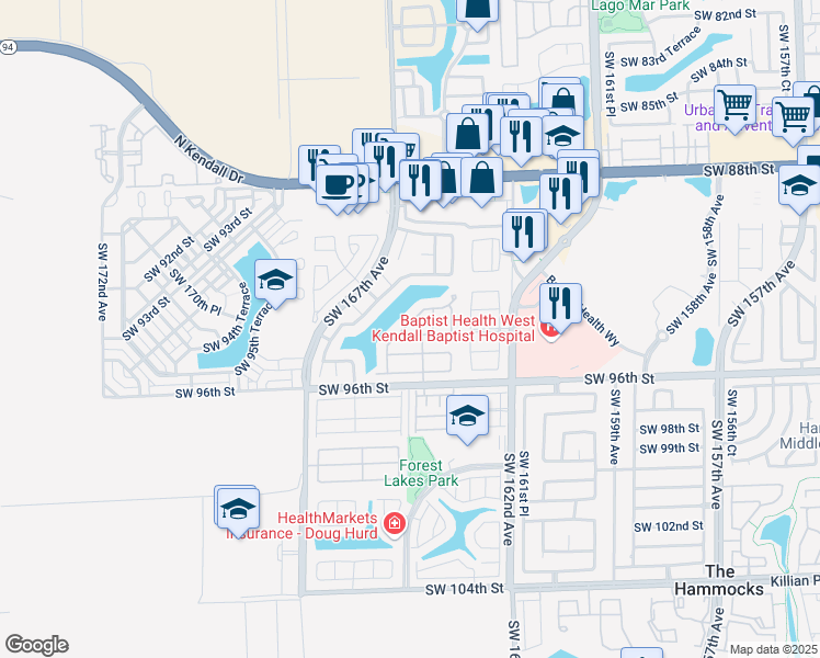 map of restaurants, bars, coffee shops, grocery stores, and more near 16421 Southwest 94th Street in Miami