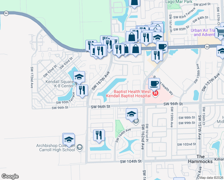 map of restaurants, bars, coffee shops, grocery stores, and more near 16421 Southwest 94th Street in Miami