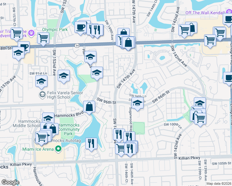 map of restaurants, bars, coffee shops, grocery stores, and more near 9525 Southwest 148th Avenue Circle North in Miami