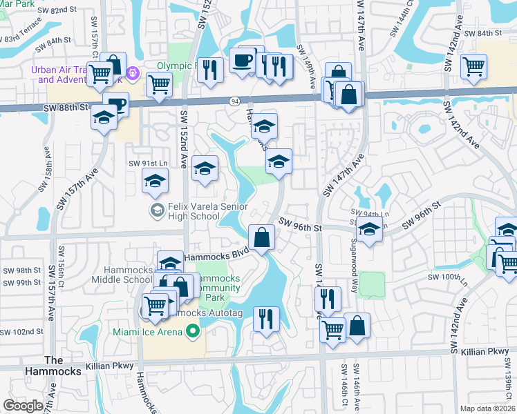 map of restaurants, bars, coffee shops, grocery stores, and more near 9551 Southwest 148th Place in Miami