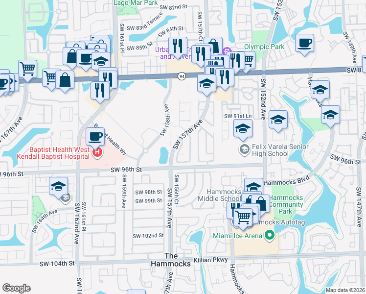 map of restaurants, bars, coffee shops, grocery stores, and more near 15553 Southwest 95th Street in Miami