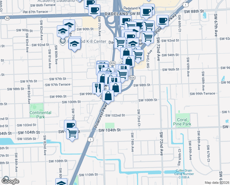 map of restaurants, bars, coffee shops, grocery stores, and more near 9875 South Dixie Highway in Miami