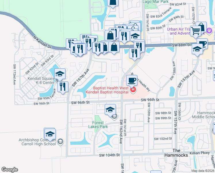 map of restaurants, bars, coffee shops, grocery stores, and more near 9351 Southwest 163rd Court in Miami